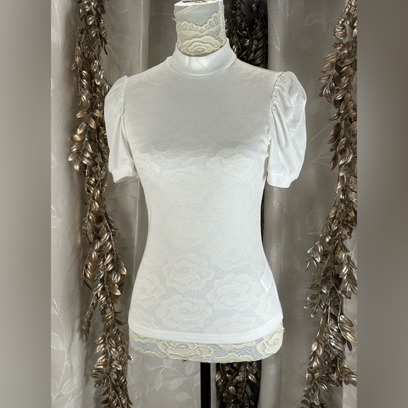 Floerns White Puff Sleeve Mock Neck Ribbed Top - Medium Layering Essential Basic - Picture 1 of 13